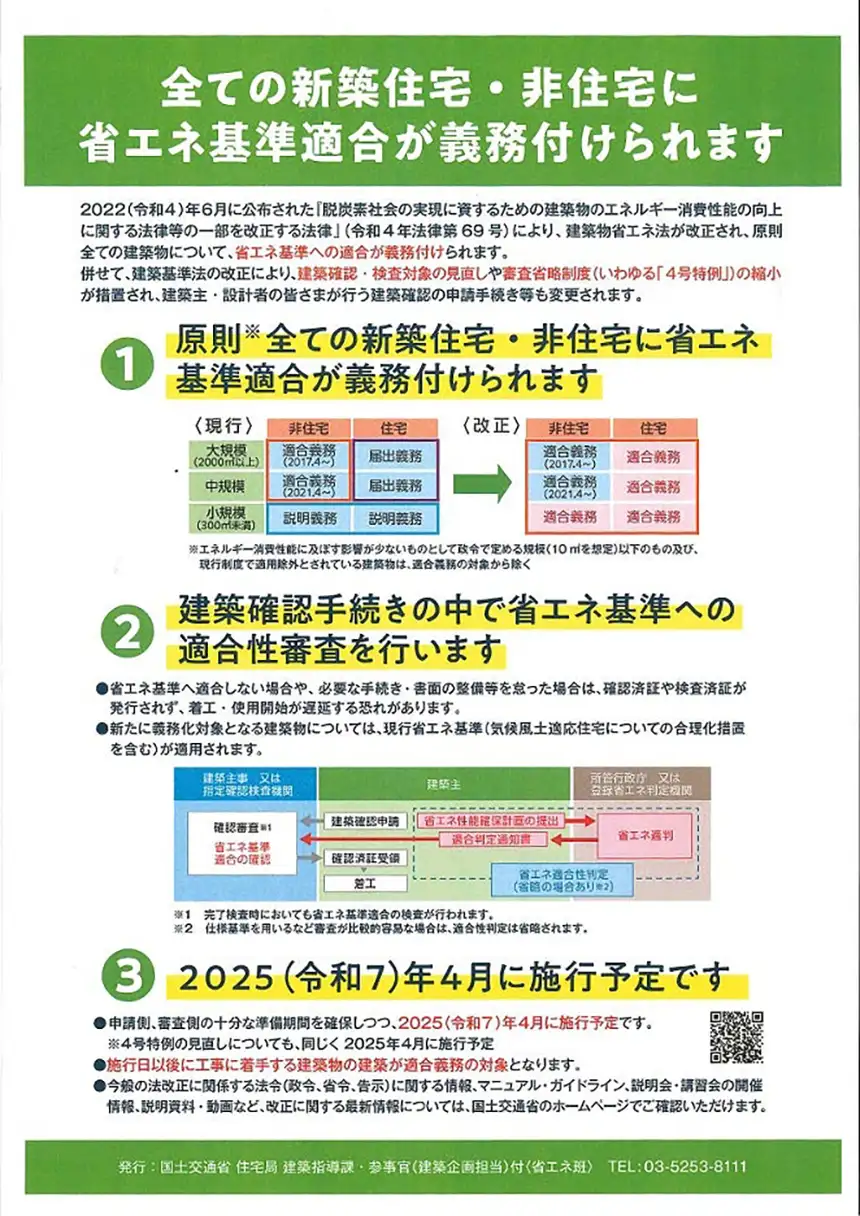 全ての新築住宅・非住宅に省エネ基準適合が義務付けられます